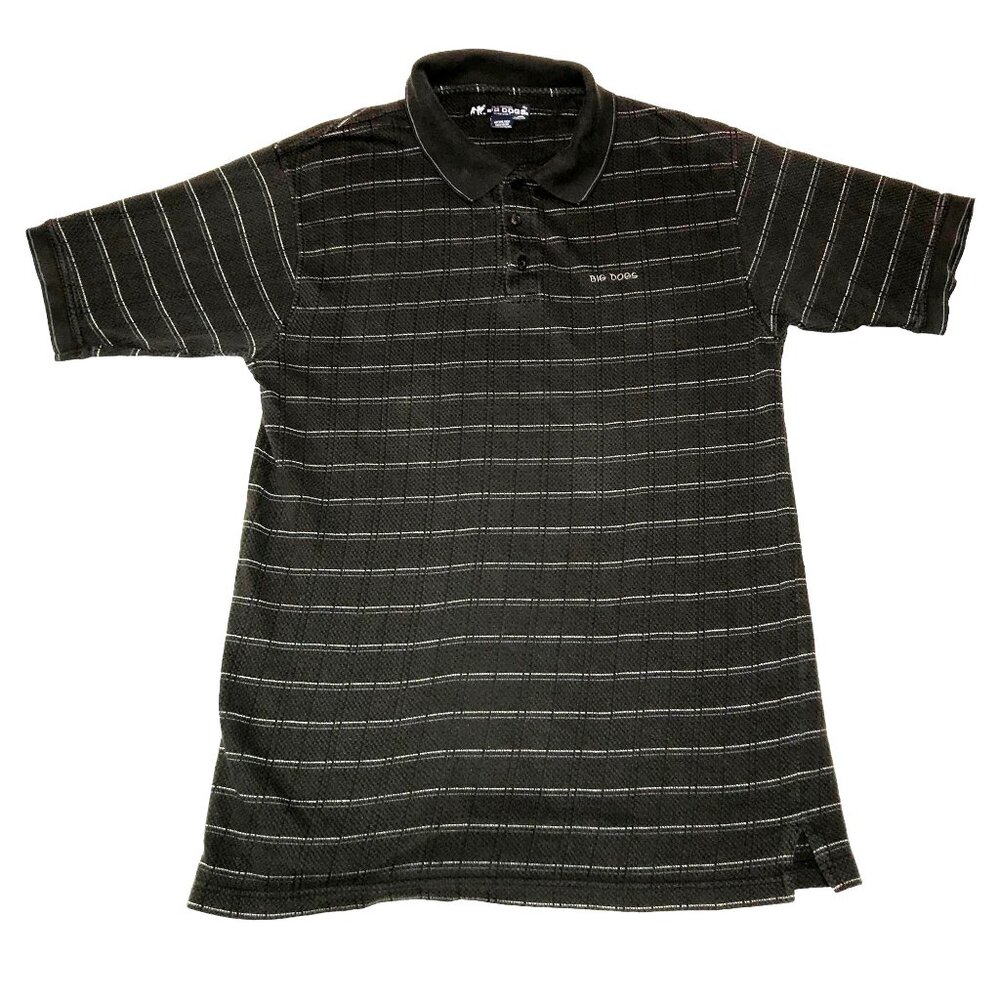 Y2K Big Dogs Polo Shirt XL Black Gray Striped Golf Dad Shirt Embroidered Logo